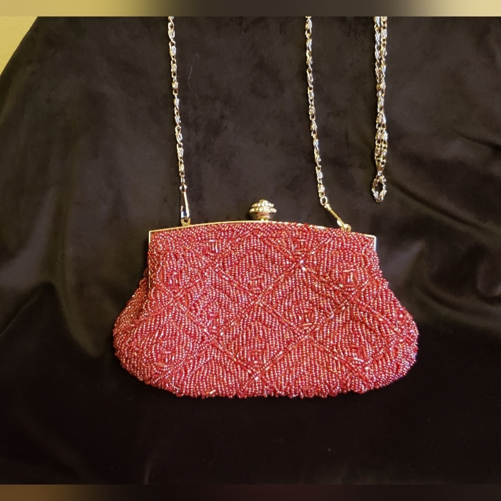 Red Beaded Clutch with Silvertone Chain Strap